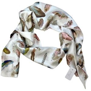 girly Bird Feather Print Silky Scarf Cream Pink Green Blue Brown NEW